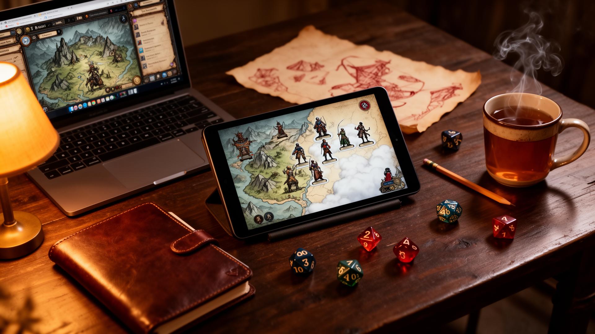 A DM's setup: laptop showing a dungeon master interface, tablet showing the synced player map, dice and notebook on a warm wooden table
